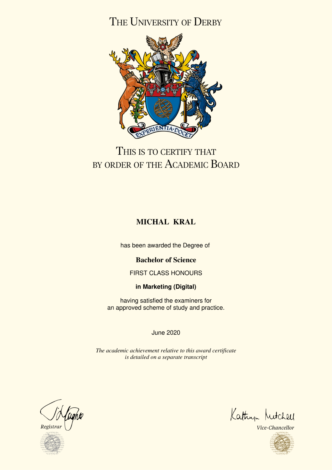 Diplom – Bachelor of Science v oboru First Class Honours · Marketing (Digital)